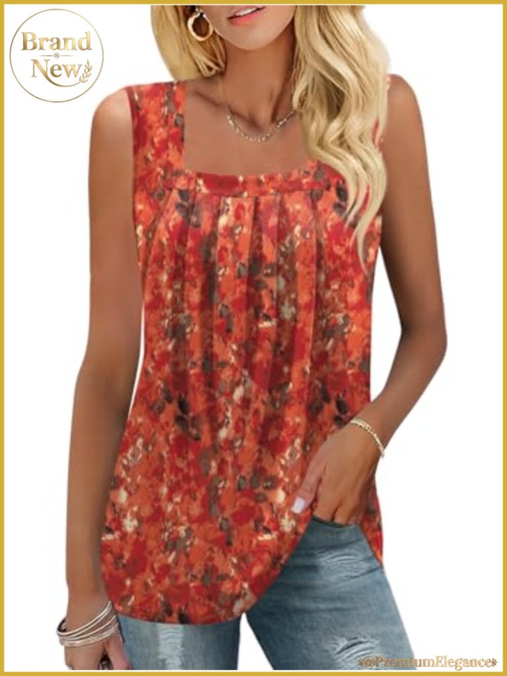 Sleeveless Square Neck Pleated Tunic Tank Top Flowy Blouse Soft Stretch